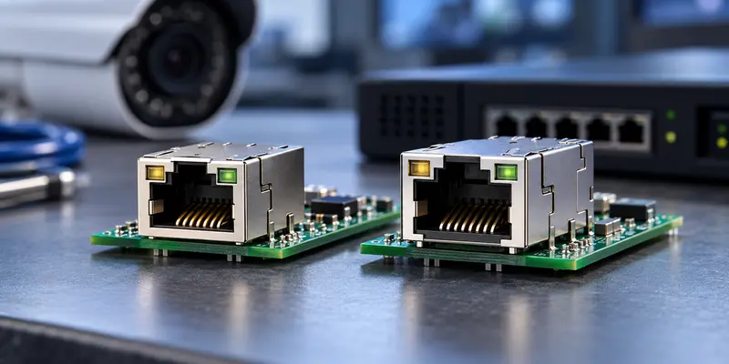 Fast Ethernet and Gigabit RJ45 connectors for IP camera and NVR host boards