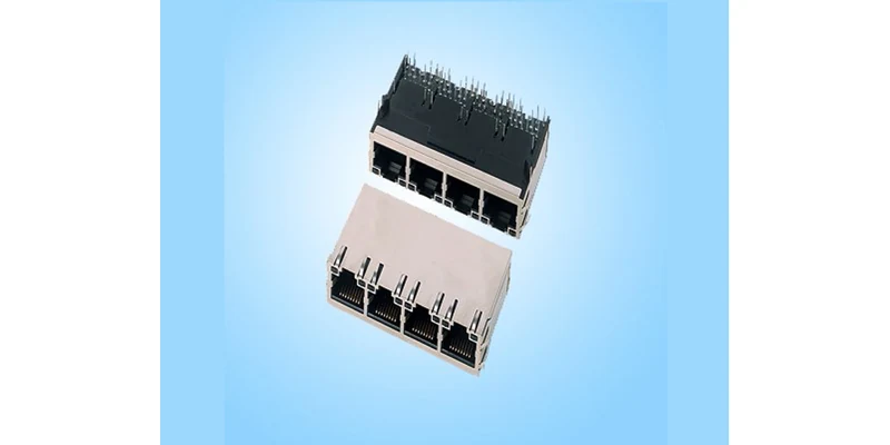 GLGNET JGCA4T817-GY four-port magnetic RJ45 connector in front and terminal views