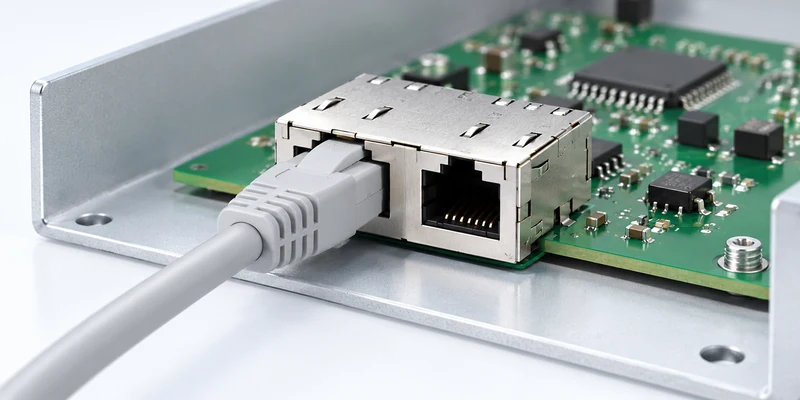 Two-port magnetic RJ45 connector mounted on a networking PCB with one Ethernet cable connected