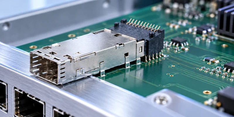 SFP port connector mounted behind a metal cage on a switch host board
