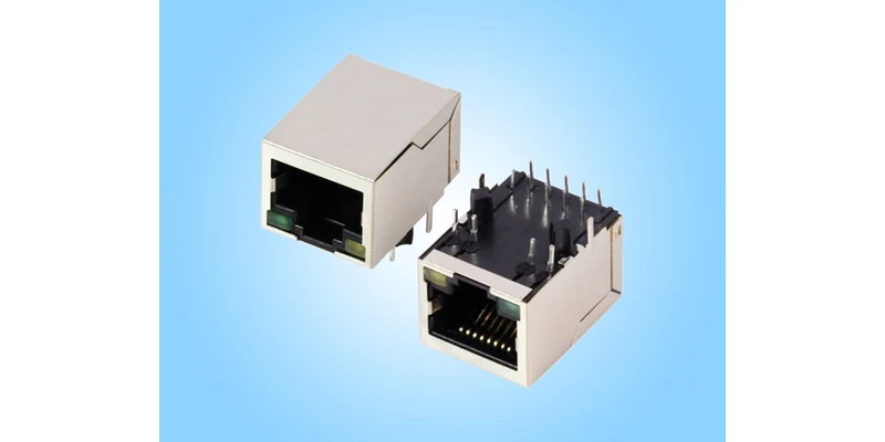 GLGNET JLFA1S805-G/YP magnetic RJ45 connector in front and PCB terminal views