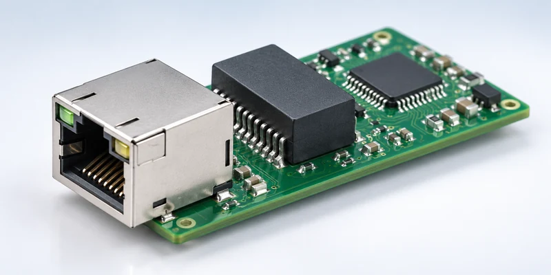Standard RJ45 jack, separate LAN magnetic module and PHY device on a generic Ethernet PCB