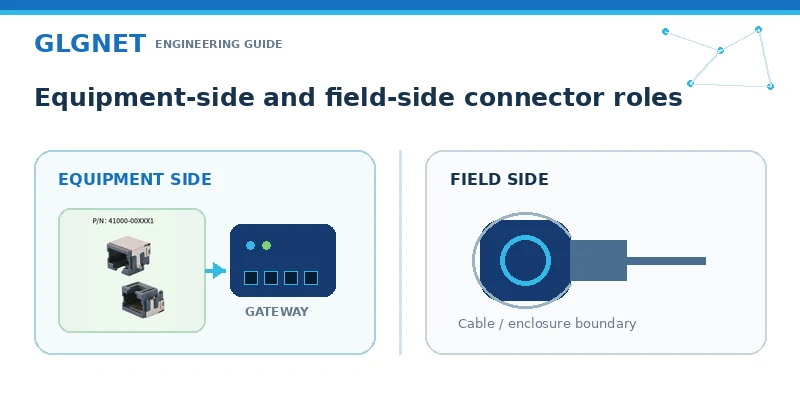 Equipment-side RJ45 connector compared with a field-side sealed industrial Ethernet connection