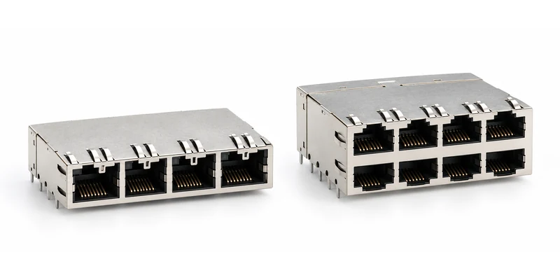 Single-row four-port and double-row eight-port magnetic RJ45 connector assemblies
