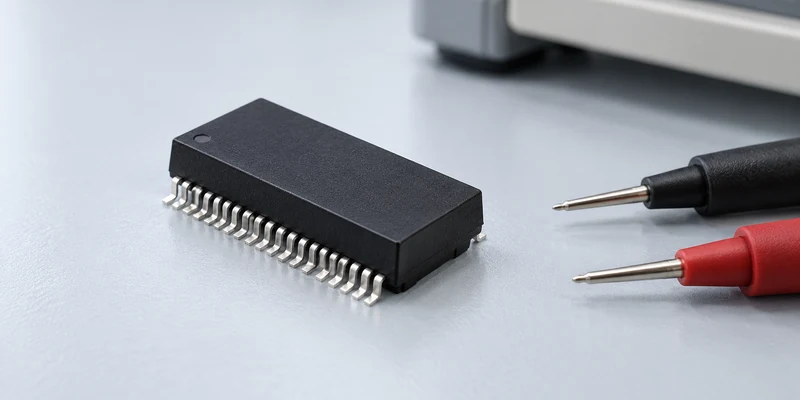 Encapsulated surface-mount LAN magnetic module beside disconnected laboratory measurement probes
