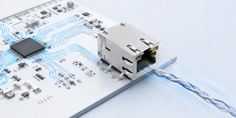 Multi-Gig MagJack connected to an Ethernet PHY through controlled PCB traces
