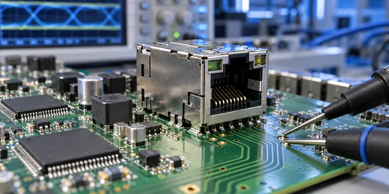 Magnetic RJ45 connector on a network switch PCB during electrical testing