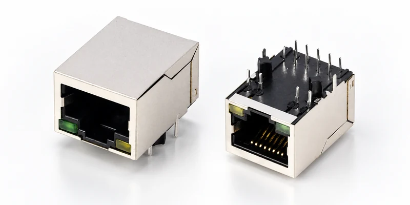 RJ45 connector front and PCB terminal views for reviewing LED connections