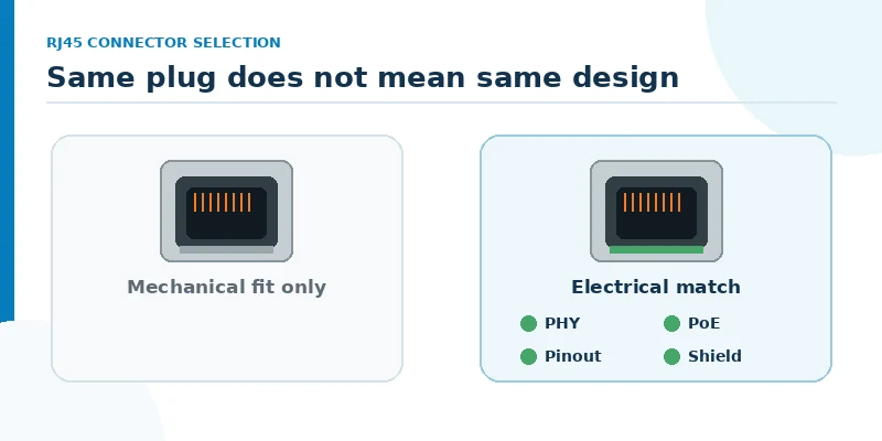 RJ45 connector selection for a PoE IP camera, comparing port role, magnetics, and operating environment