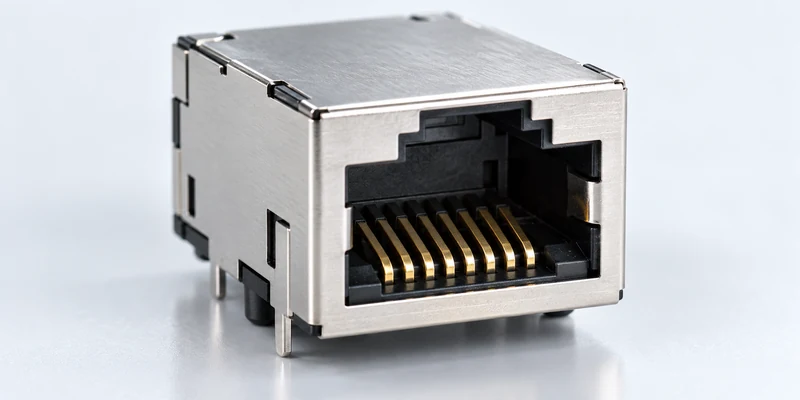 Shielded RJ45 jack showing its gold-colored mating contact surfaces