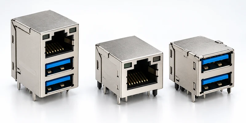 Combined RJ45 and dual USB connector beside separate Ethernet and dual USB assemblies