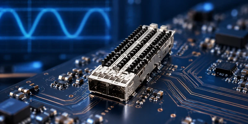 QSFP connector cage on a high-speed PCB illustrating signal integrity and controlled differential routing