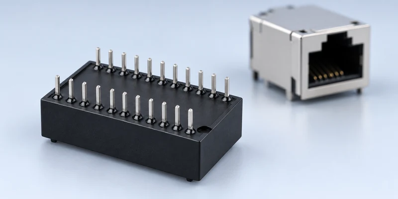 Through-hole LAN transformer module in underside view with two terminal rows and a separate RJ45 jack
