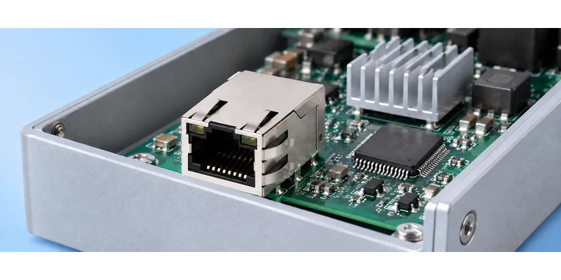 Single-port magnetic RJ45 jack on an enclosed PCB beside a heatsink and nearby circuitry