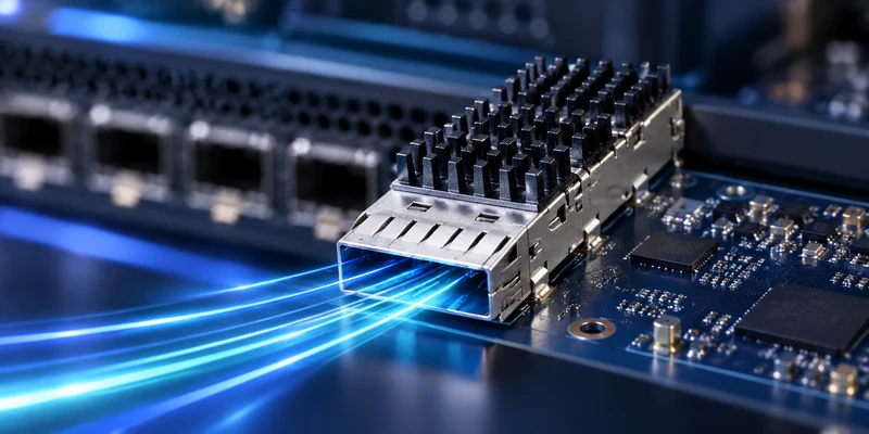 QSFP connector with heat sink carrying high-speed PAM4 data lanes on a network switch PCB