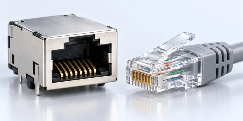 RJ45 jack beside an unmated Ethernet plug showing the two mating interfaces