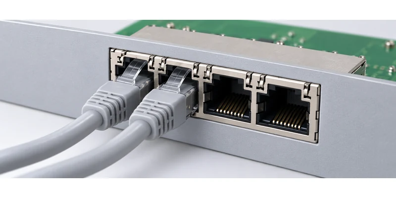 Four-port RJ45 bank with two Ethernet plugs showing latch and cable access