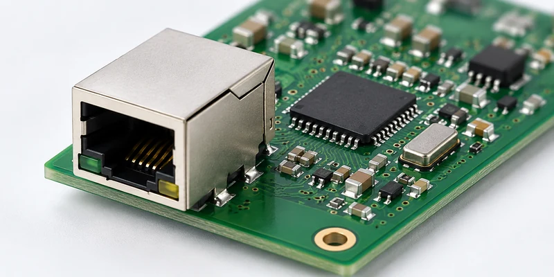 Magnetic RJ45 jack beside an Ethernet PHY and surrounding components on a PCB