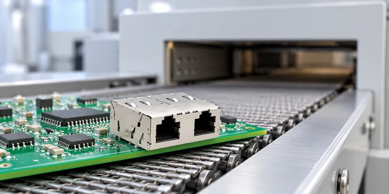 Two-port magnetic RJ45 connector on a PCB at the entrance of a reflow oven