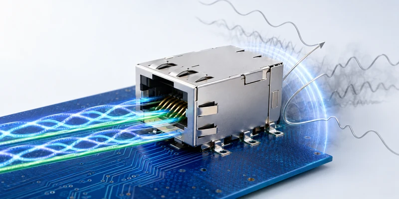 10GBASE-T magnetic RJ45 connector supporting signal integrity and EMI shielding