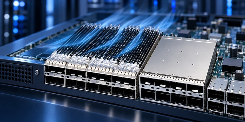 High-density QSFP connector cages with heat sinks and airflow in an AI data center switch