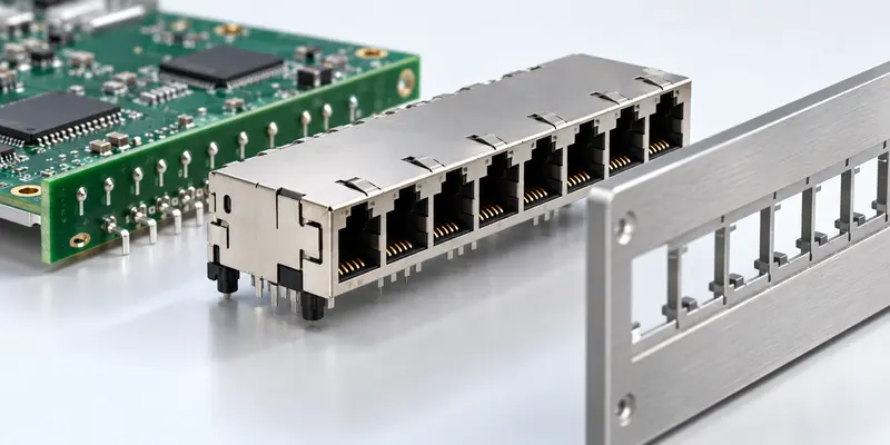 Multi-port RJ45 connector aligned with a switch PCB and metal front panel