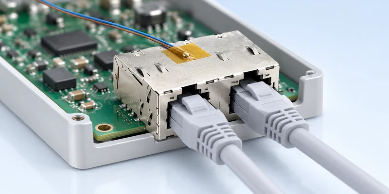 Two-port RJ45 assembly on a PCB with connected cables and a thermocouple attached to the shell