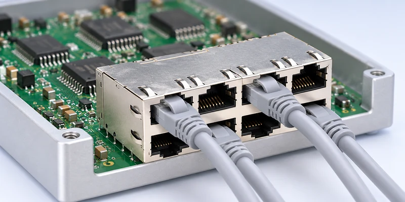 Stacked eight-port RJ45 module with several patch cables on an enclosed PCB