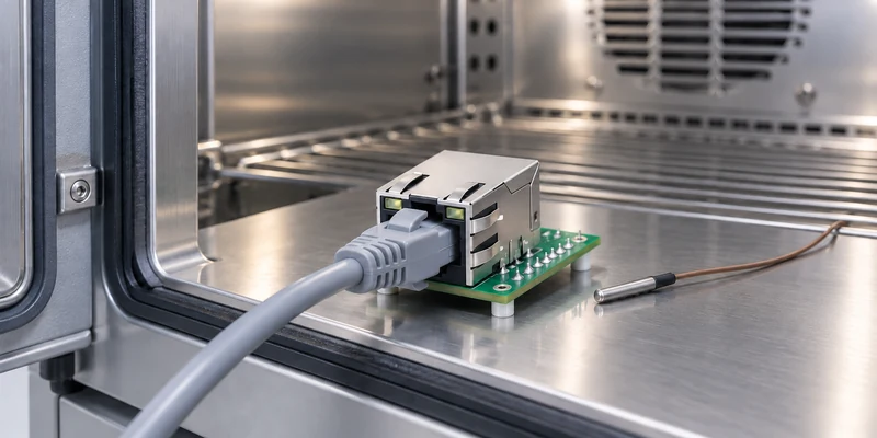 RJ45 connector on a test PCB at an environmental chamber entrance with an Ethernet cable