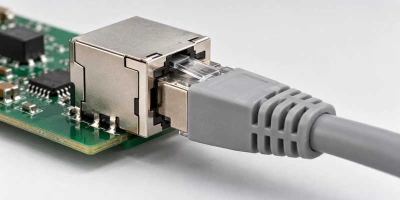 Single-port RJ45 jack mounted on a PCB with an Ethernet plug seated in the socket