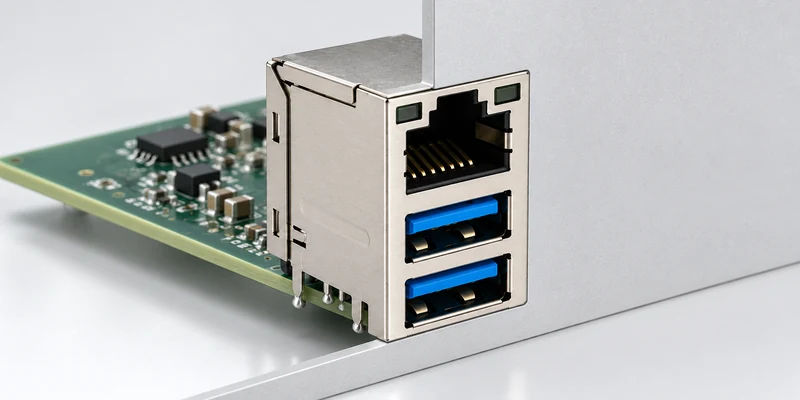 RJ45 and dual USB connector mounted at a PCB edge behind an equipment panel
