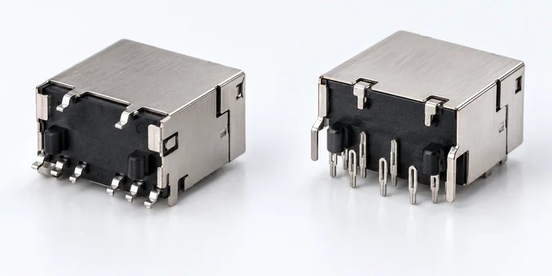 Generic shielded RJ45 samples showing surface-mount solder tails and compliant press-in style terminals