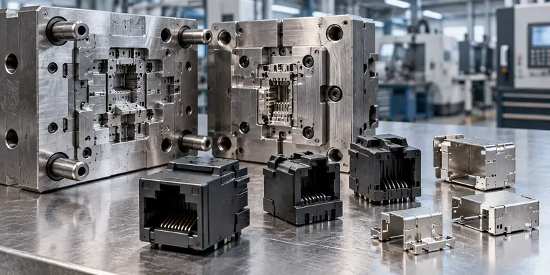 Connector housings and metal shields beside precision tooling before prototyping