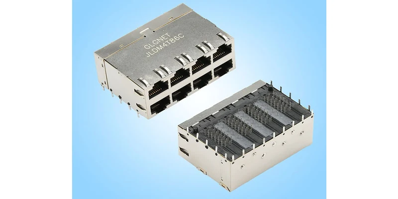 GLGNET JDLM4T86C stacked two-by-four magnetic RJ45 connector with its terminal side