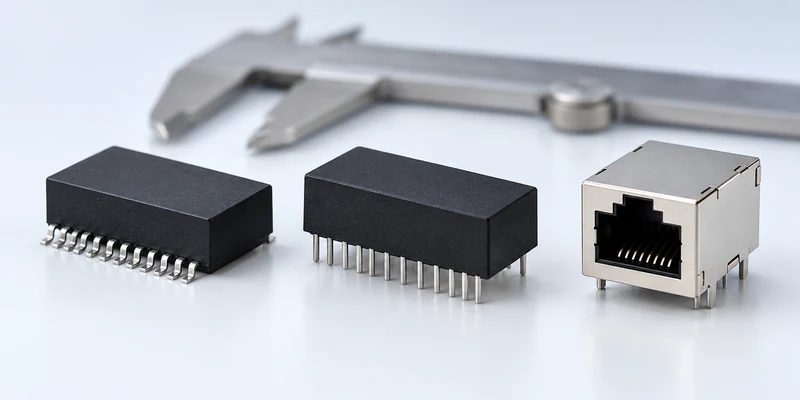 Surface-mount and through-hole LAN magnetic samples beside a standard RJ45 jack and a caliper