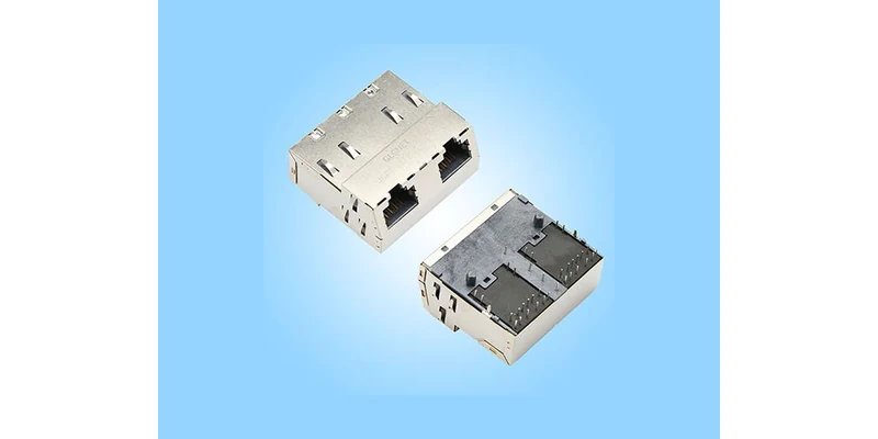 GLGNET two-port magnetic RJ45 connector showing front sockets, underside terminals and shield features
