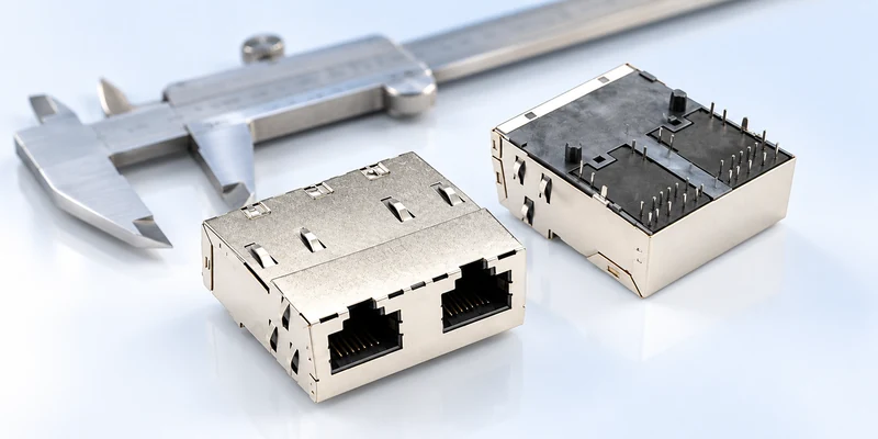 Two-port magnetic RJ45 connector samples showing socket and terminal sides beside a caliper