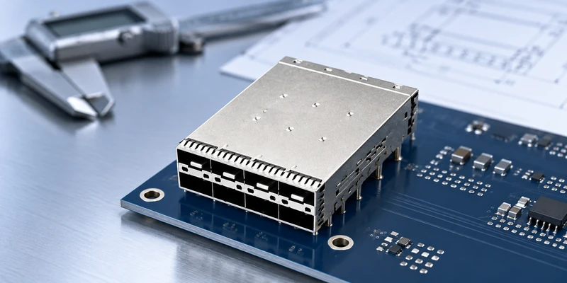 QSFP cage mounted on a PCB with press-fit alignment and mechanical tolerance inspection