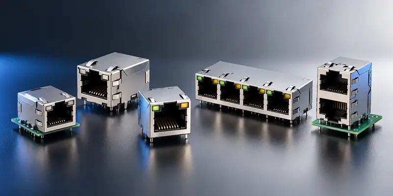 Board-mounted RJ45 connector options with shielding, LEDs and integrated magnetics