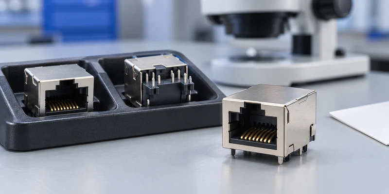 RJ45 connector samples in an antistatic carrier beside an inspection microscope