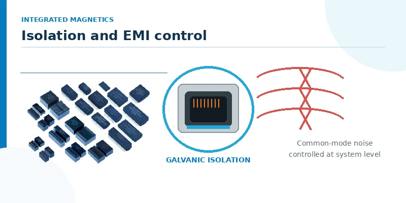 RJ45 with integrated magnetics for galvanic isolation and EMI control in surveillance hardware