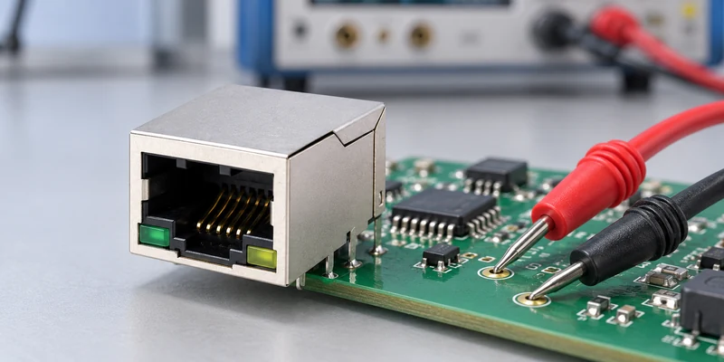 RJ45 jack on a PCB with measurement probes touching separate test pads