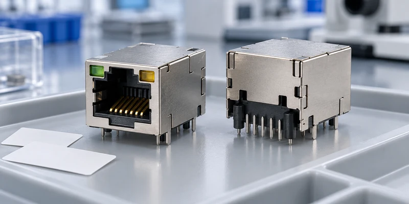 Two shielded single-port RJ45 connector samples on a tray beside blank sample cards