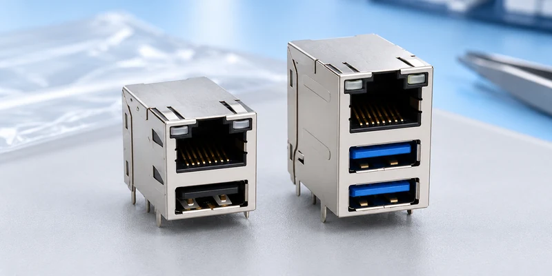 Single-USB and dual-USB RJ45 combo connector samples on an engineering workbench