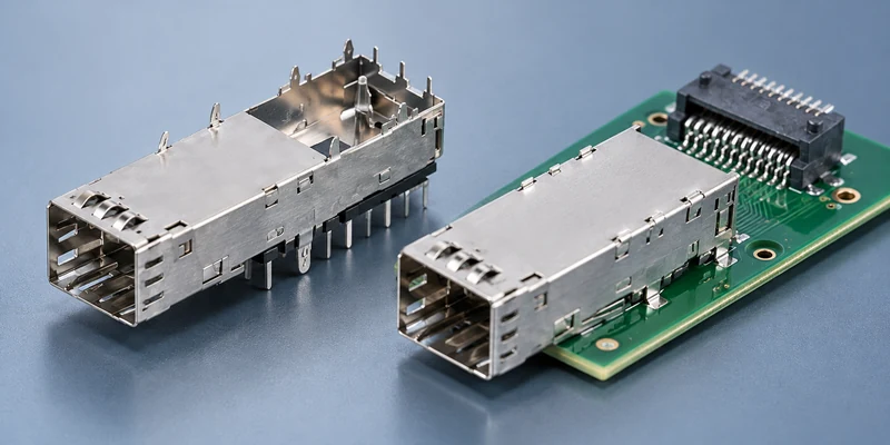 SFP cage connector assemblies showing PCB mounting and press-fit tails