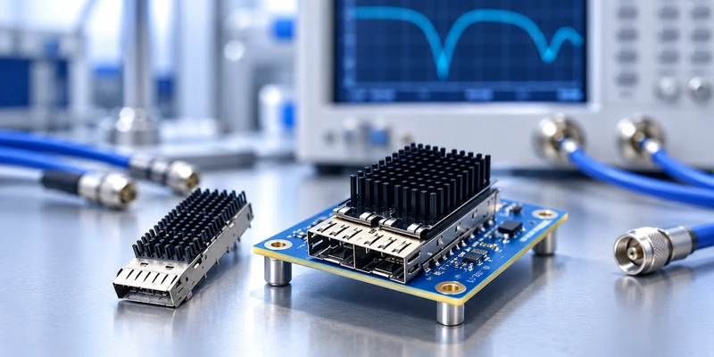 High-speed connector and cage validation on a VNA test board in an electronics laboratory