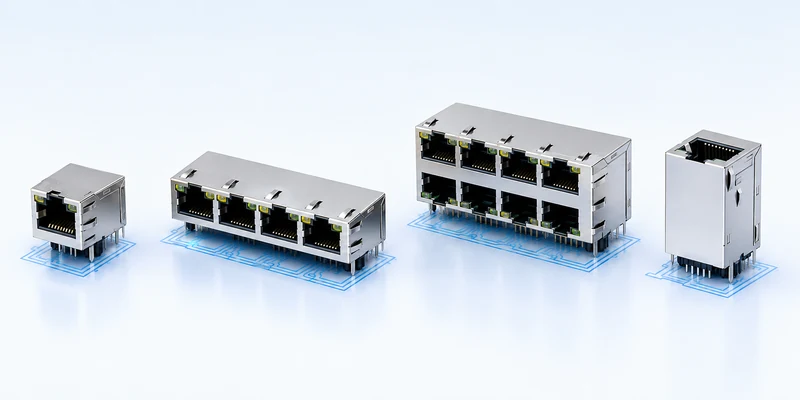 Magnetic RJ45 connector structures including 1x1, ganged, stacked and vertical designs