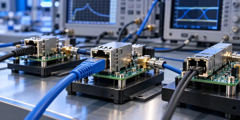 Networking connector samples undergoing signal and interface validation in a test lab