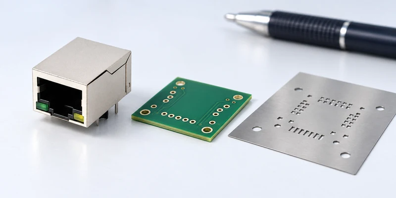 Single-port RJ45 connector sample beside a bare PCB and a stainless solder-paste stencil