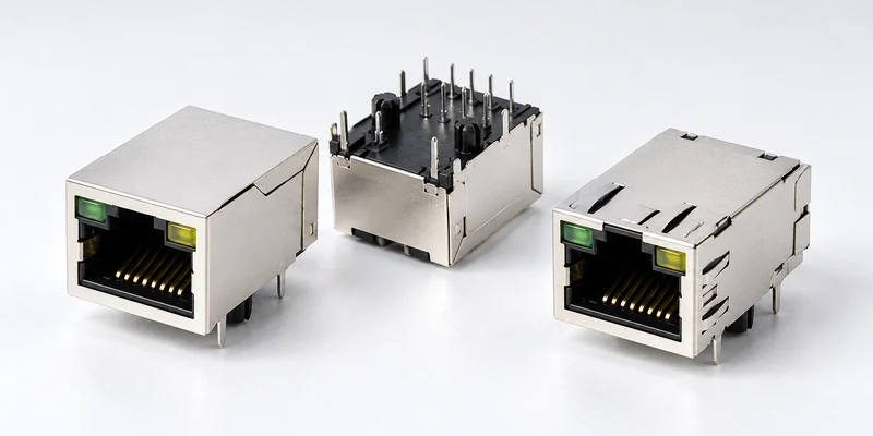 Shielded magnetic RJ45 connector samples with LED windows and through-hole terminals